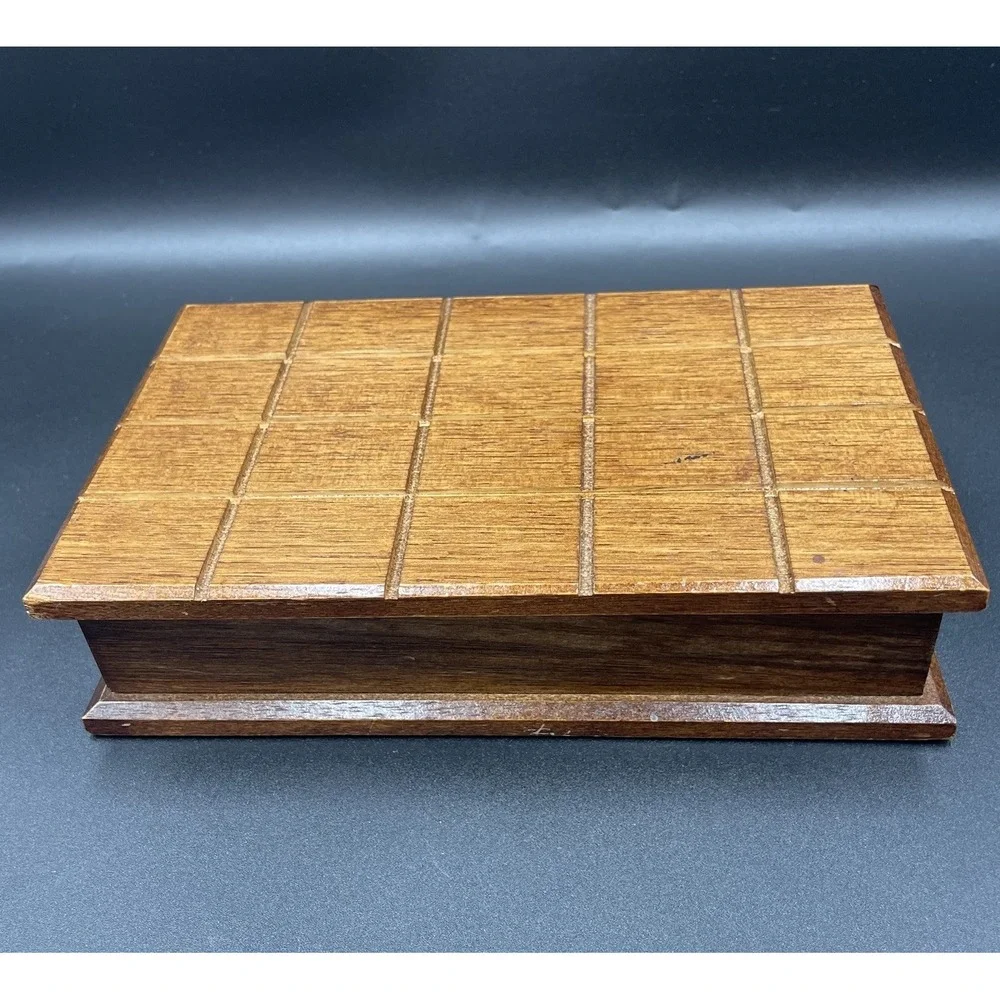 Vintage Carved Wooden Jewelry Box with Green Corduroy Lining Hinged Lid - MCM
